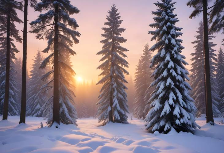 Sunset Over Snowy Norway Spruce Forest in Thuringia