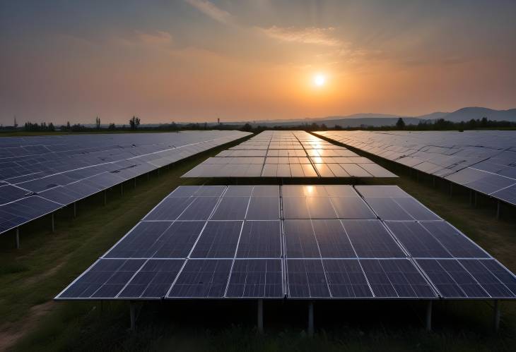 Sunset Over Solar Panels Evening Scene of Renewable Energy Production