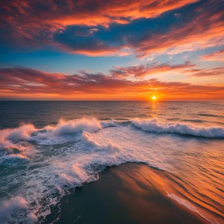 Sunset Over the Ocean Aerial View of Natures Light Casting Dramatic Shadows on Waves