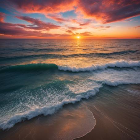 Sunset Over the Ocean Aerial View of the Sky Ablaze with Color, Reflected in the Waves