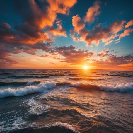 Sunset Over the Ocean Aerial View of Waves, Clouds, and the Beauty of Natures Light