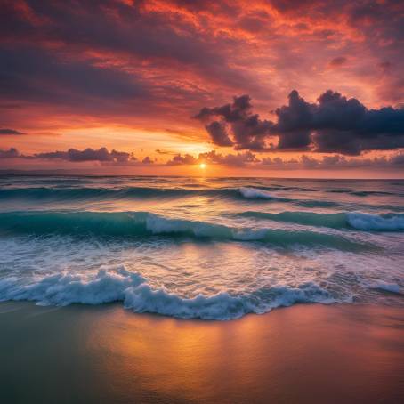 Sunset Reflections on the Ocean Aerial View of a Dramatic Sky and Gentle Waves