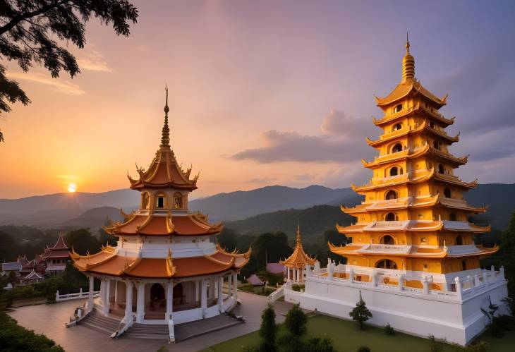 Sunset Serenity NineStorey Pagoda and Guan Yin Statue at Wat Huay Pla Kang, Chiang Rai