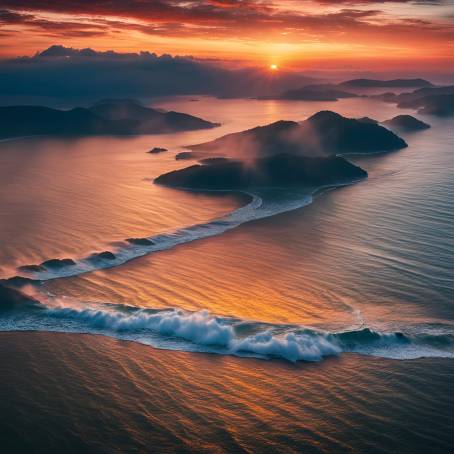 Sunset Sky and Sea Waves Aerial View of Natures Splendor in Dramatic Light