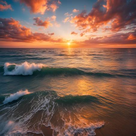 Sunset Sky Over the Ocean Aerial View of Natures Dramatic Colors and Waves