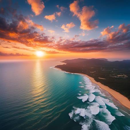 Sunset Sky Over the Ocean Aerial View of Waves and Clouds Illuminated by Natures Splendor