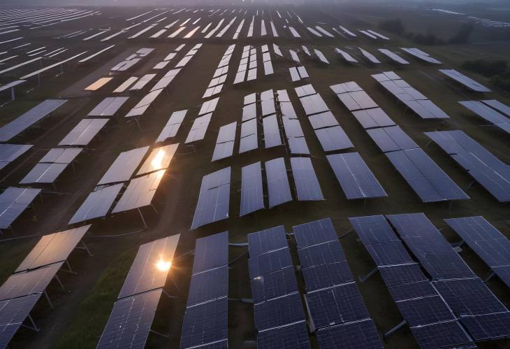 Sunset View Over Solar Panels in the Evening Harnessing Solar Energy at Dusk