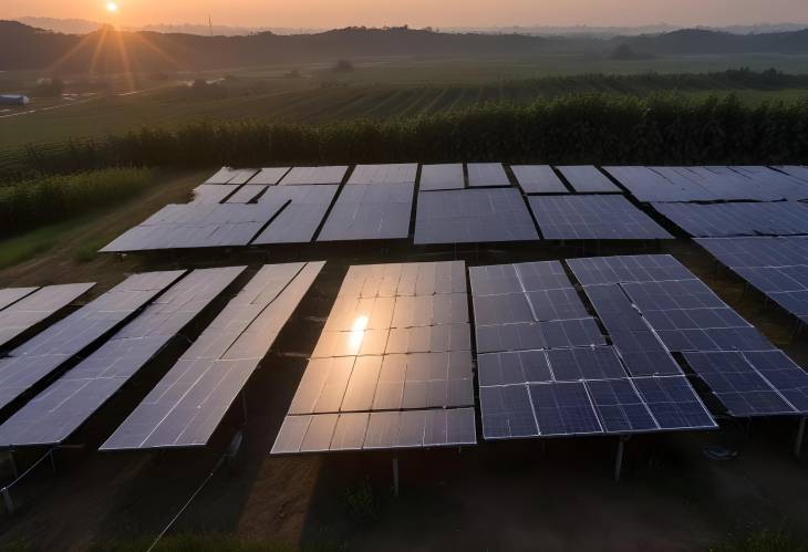 Sunset View with Solar Panels Evening Light Harvesting Renewable Energy