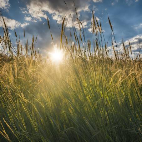 Sunshine Filtering Through Tall Grass in a Peaceful Field of Gold