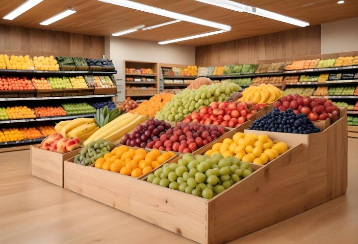 Supermarket Fruit Display Colorful and Fresh Produce on Wooden Boxes with Modern Store Background