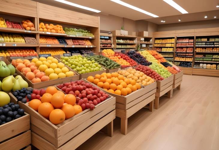 Supermarket Fruit Setup Fresh and Colorful Produce on Wooden Boxes with Modern Store Ambiance