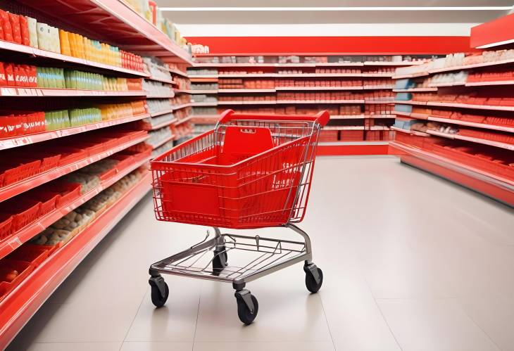 Supermarket Interior with Red Shopping Cart Empty Aisles and Neat Display