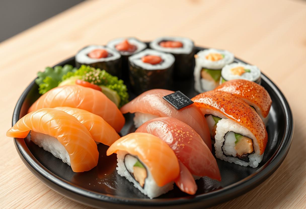 Sushi Set Including Nigiri and Rolls Served on Classic Black Sushioke Plate