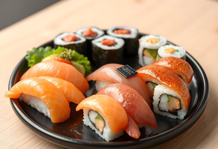 Sushi Set Nigiri and Rolls on Traditional Japanese Black Sushioke Plate