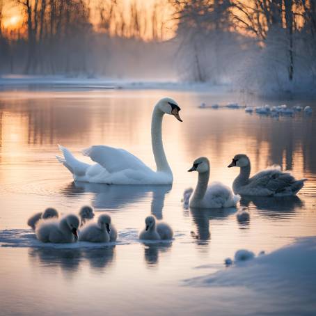 Swans Family in Winter Lake at Sunrise White Swan and Grey Chicks Swimming in Frosty Water with Snow