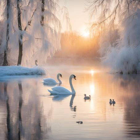 Swans Family Swimming in Winter Lake at Sunrise White Adult Swan with Grey Chicks and Frosty Back