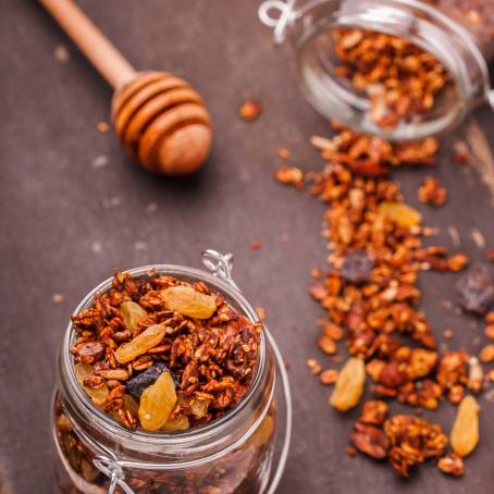 Sweet and Nutty Cookies with Dried Fruits in a Glass Jar