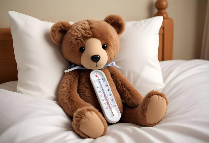 Sweet Bear in Bed with Thermometer and Plaster  Charming Illustration of a Bear Getting Better