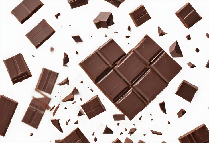 Sweet Broken Chocolate Bar Pieces Falling on White Background  Delicious Chocolate Chunks