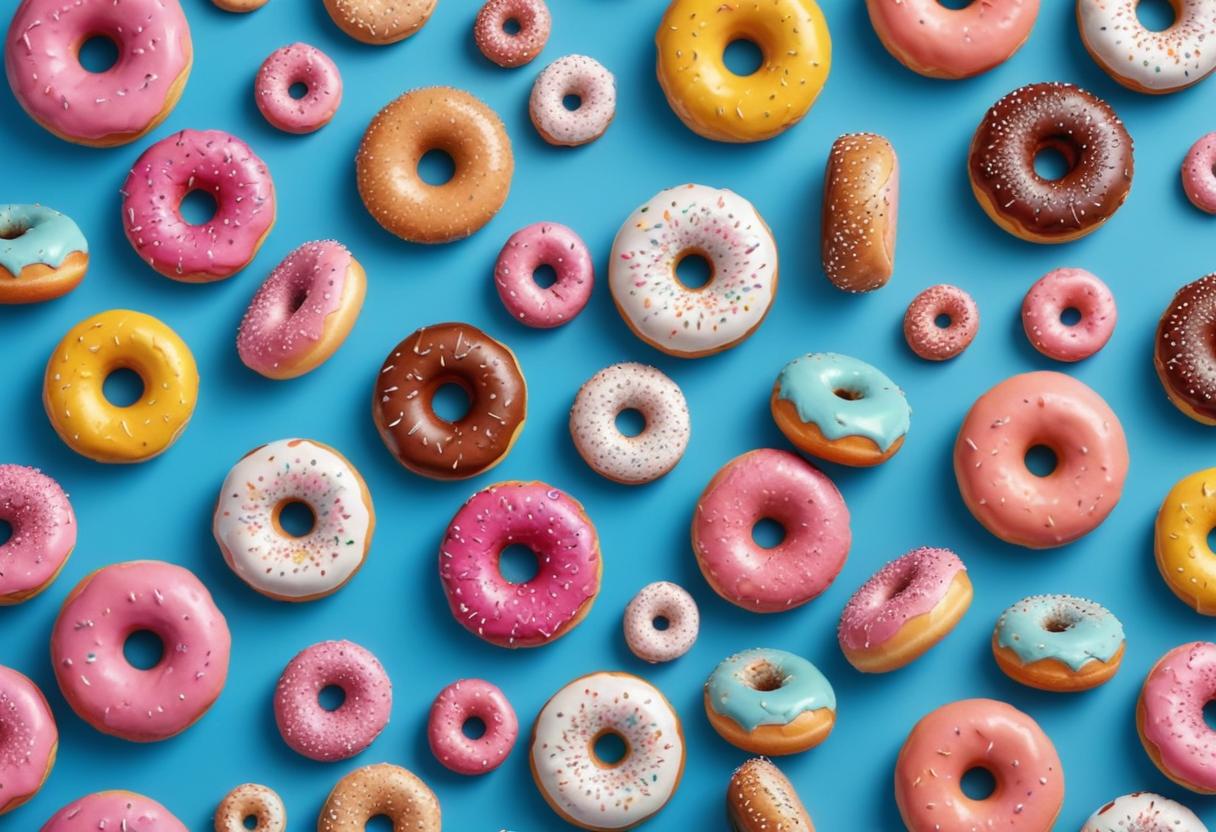 Sweet Flying Doughnuts Multi colored Donuts with Sprinkles on a Fun Blue Background