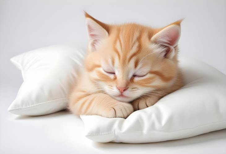 Sweet Kitten Sleeping Soundly on a White Pillow, Isolated Image