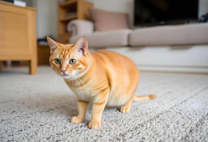 Sweet Red Cat Resting on Soft Carpet in Cozy Living Room