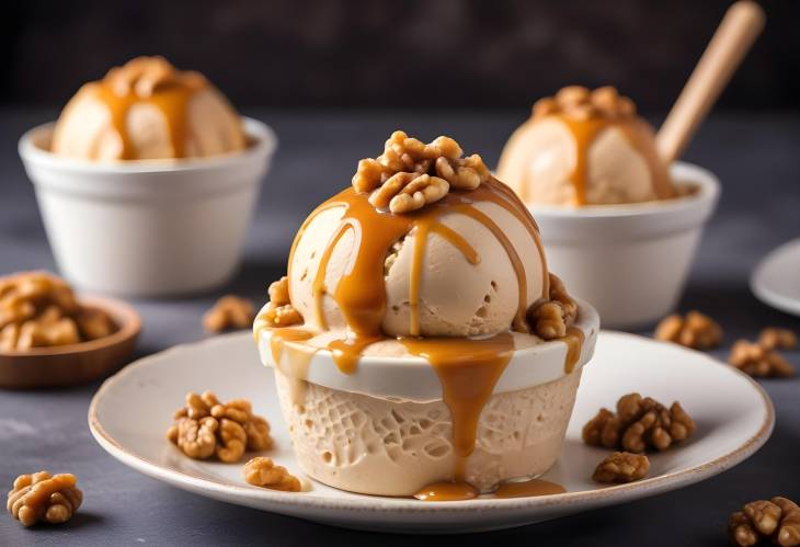 Sweet Walnut Caramel Ice Cream  Rich and Creamy with Nutty Walnuts and Caramel Delight, Close Up