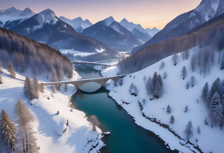 Sylvensteinsee and FallerKlamm bridge at sunset, winter landscape with Karwendel mountains, Bavaria