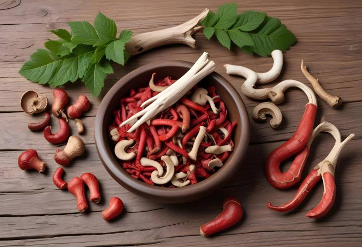 Tabletop Herbal Medicine Vignette with Red Ginseng and Finely Cut Dried Mushrooms on Wooden Table