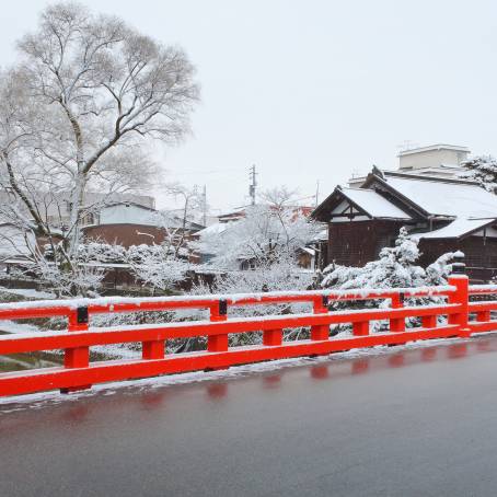 Takayama Nakabashi Bridge Iconic Red Bridge Over River