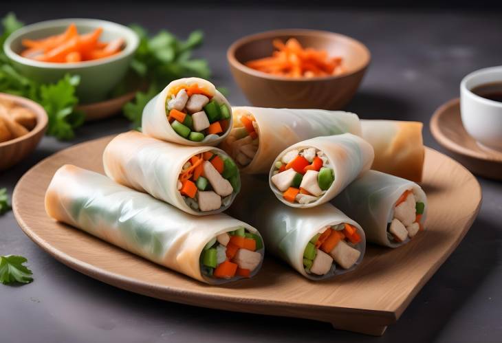 Tasty Chicken and Vegetable Spring Rolls with Sweet Chili Sauce