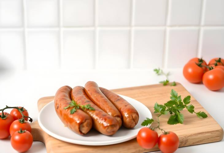 Tasty Sausages and Tomatoes on a Board and Plate with White Tile Background