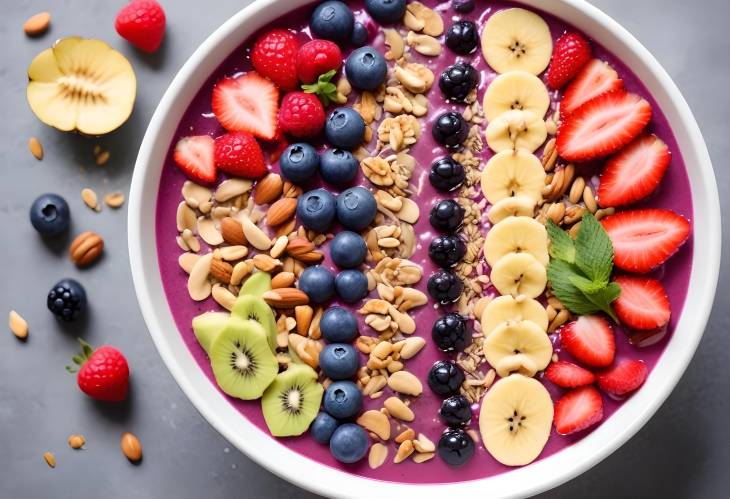 Tasty Smoothie Bowl with Colorful Berries, Nuts, and Honey