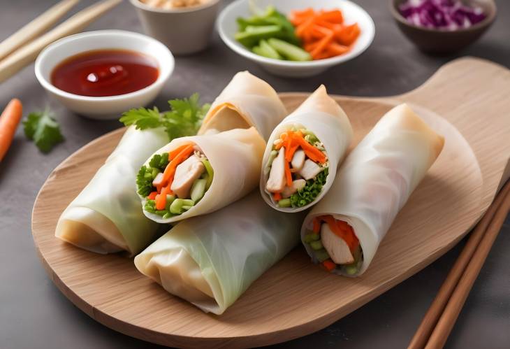 Tasty Spring Rolls with Chicken, Vegetables, and Spicy Sriracha Dip