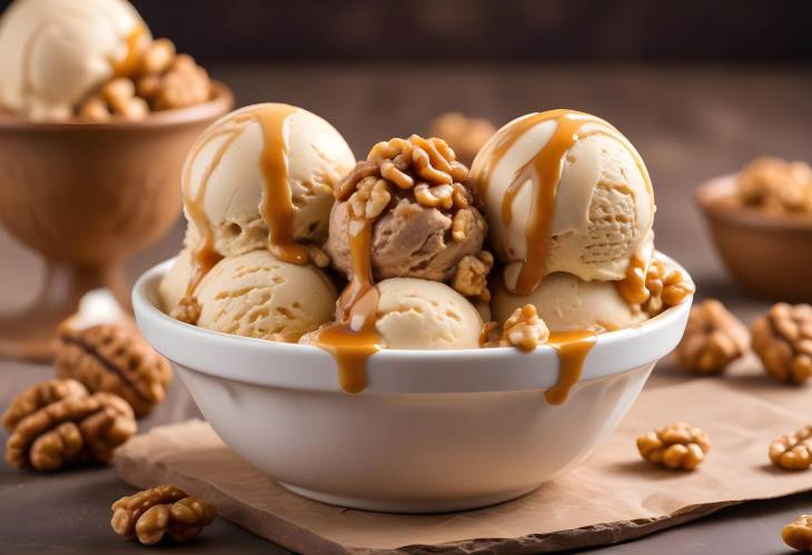 Tasty Walnut Caramel Ice Cream  Rich and Creamy with Sweet Caramel and Crunchy Walnuts, Front Focus