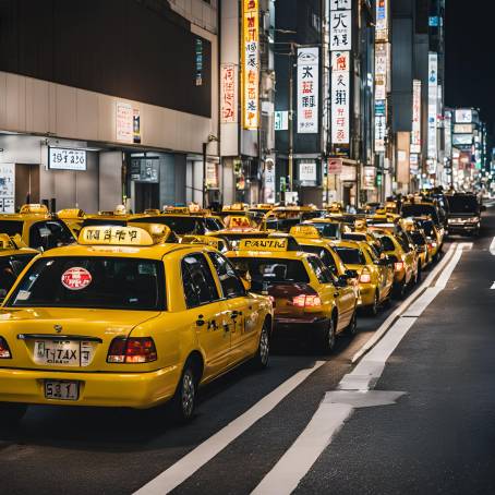 Taxis in Fukuoka City Lights, Japan  Circa 2015, Vibrant Night Scene and Urban Landscape