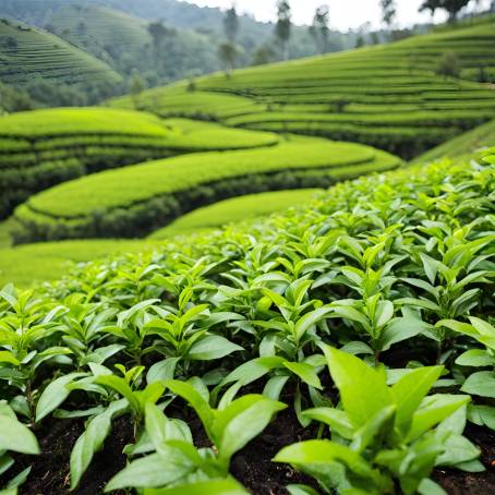 Tea Leaves in a Serene Tea Plantation Green Fields of Abundant Growth