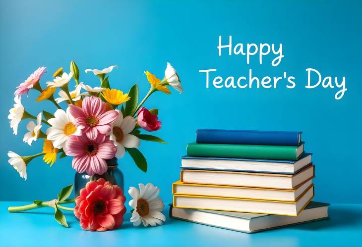 Teachers Day Celebration with Flowers and Books on a Blue Background