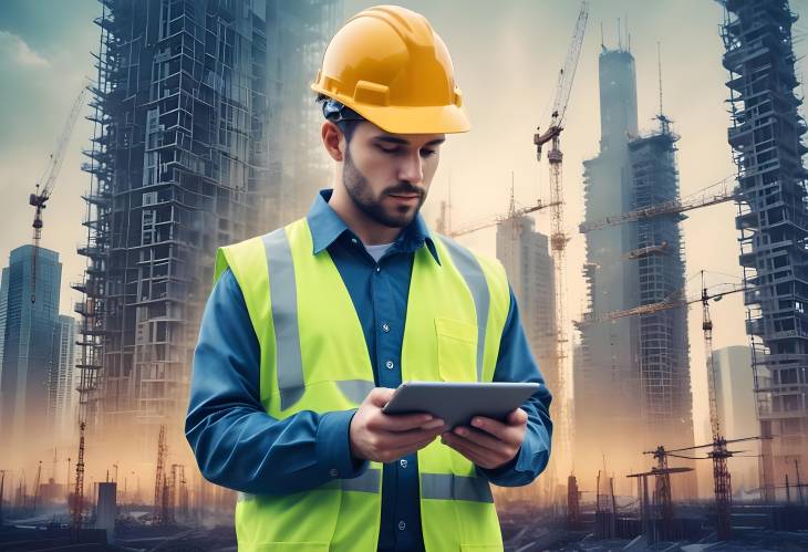 Tech Meets Construction Double Exposure of Worker with Tablet Against Surreal Urban Site