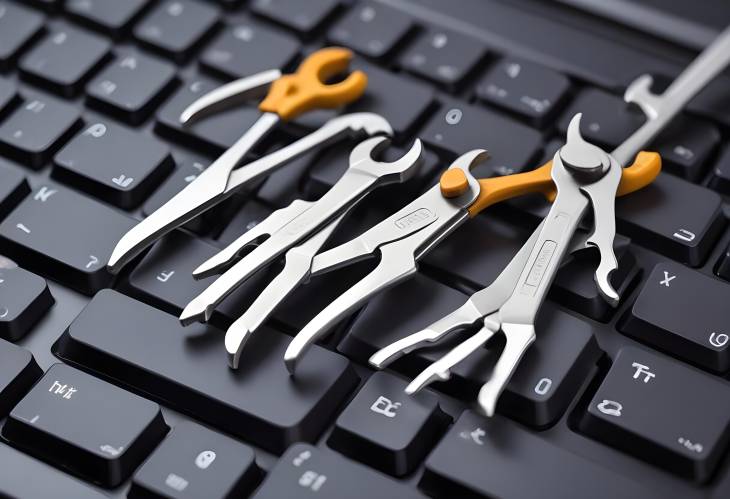 Tech Support Concept Spanners on Keyboard, Electronic Repair, IT Assistance, Technical Help