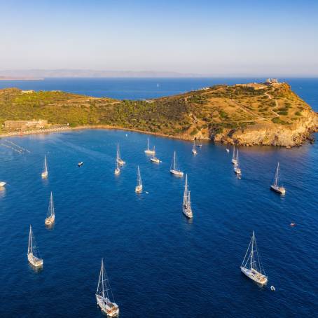 Temple of Poseidon Panoramic Bay View with Sailboats at Cape Sounion