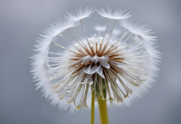 Tender Dewy Dandelion on Silver Background Macro