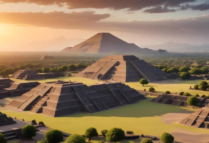 Teotihuacan Sunset Pyramid of the Moon and Green Landscape Magic