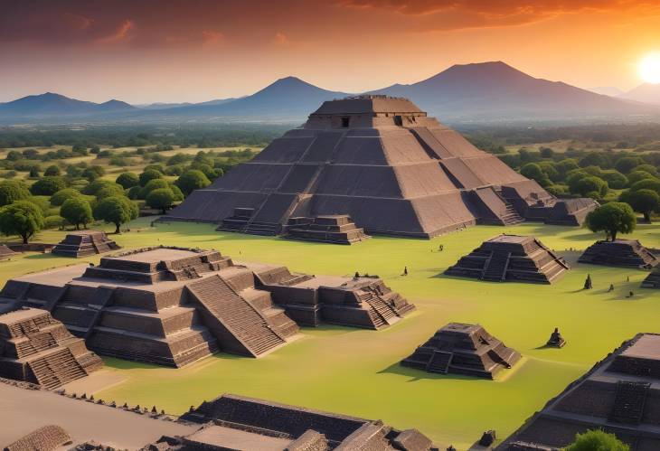 Teotihuacans Pyramid of the Moon at Sunset Green Landscape and Ancient Ruins