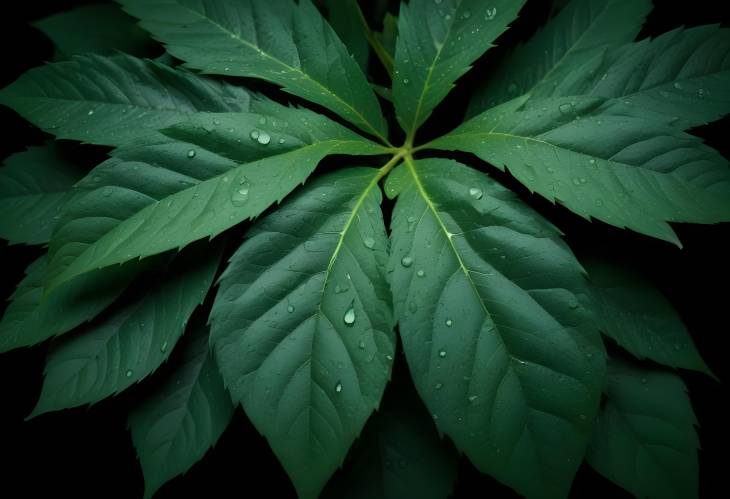 Textured Green Leaf with Water Drops on Black