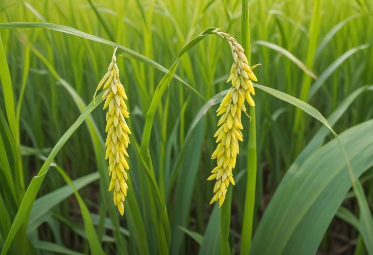 Thai Rice Seeds in Ear of Paddy Close Up with Yellow Green Rice Field