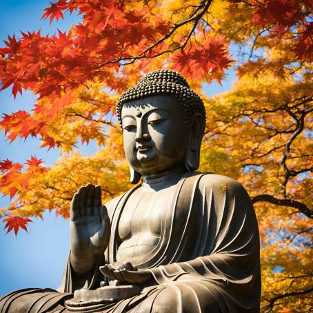 The Great Buddha Daibutsu and Autumn Leaves A Sacred Monument at Kotoku in Temple, Japan