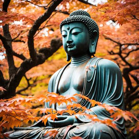 The Great Buddha Daibutsu and Autumn Maple Leaves A Timeless Symbol at Kotoku in, Japan