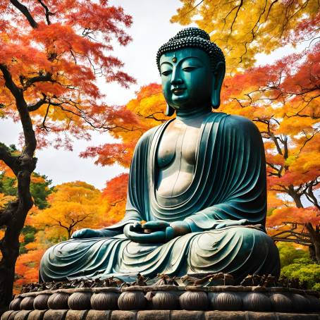 The Iconic Great Buddha Daibutsu and Autumn Maple Leaves at Kotoku in Temple, Kamakura, Japan