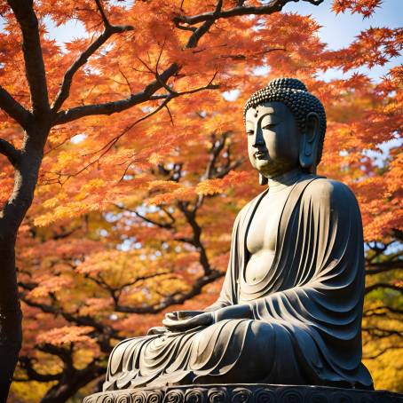 The Majestic Bronze Great Buddha Daibutsu Amidst Autumn Leaves at Kotoku in, Japan